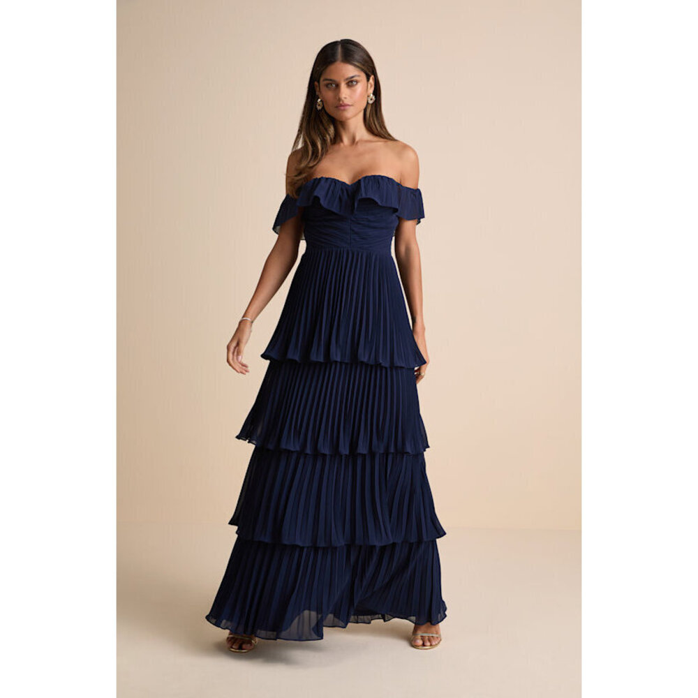Lulus Always Remarkable Navy Pleated Off-the-shoulder Maxi Dress Blue - Size 1X